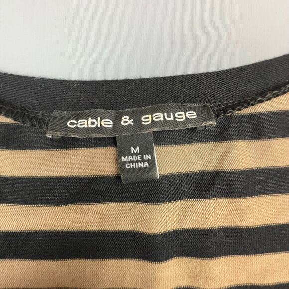 Cable & Gauge Striped V Neck Ruched Sleeve Top M Black Tan - Picture 4 of 6